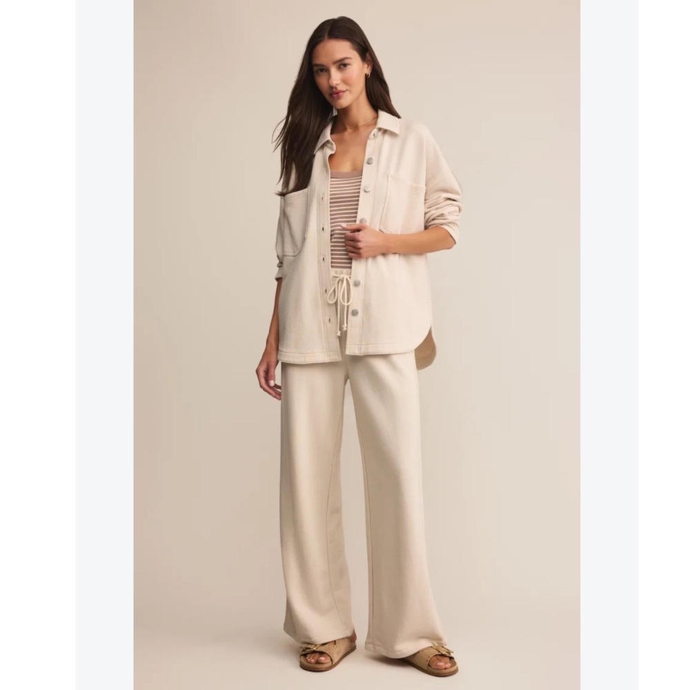 Z Supply Women Cream Cotton French Terry Button Front Shacket S All Day Knit